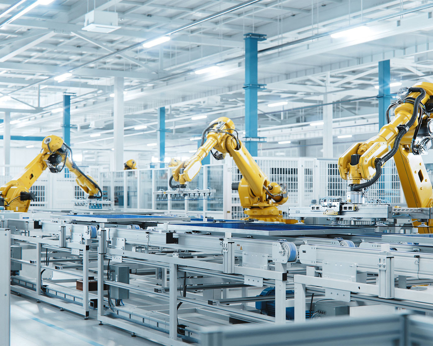 Large Production Line with Industrial Robot Arms at Modern Brigh